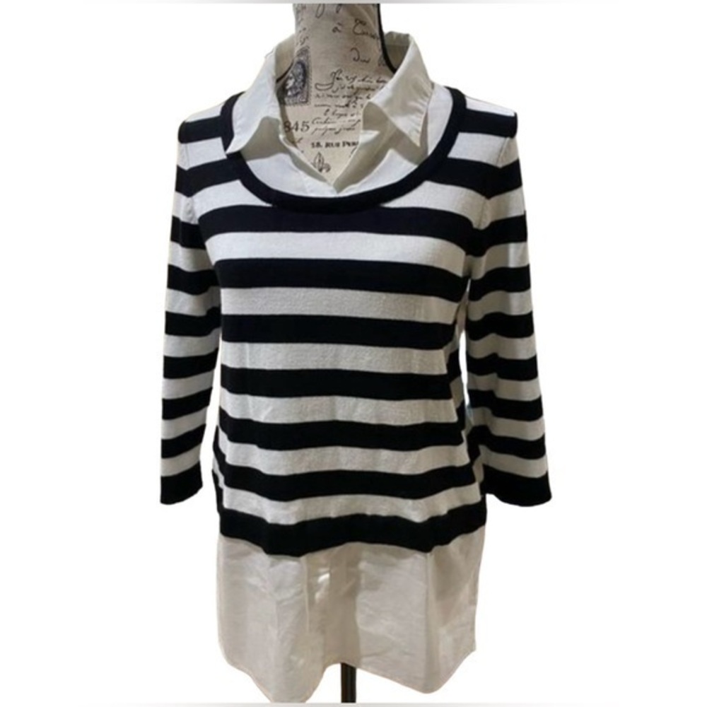 Chico's Size O (S) Sweater Attached
Collar Hem Black White Striped 3/4
Sleeve